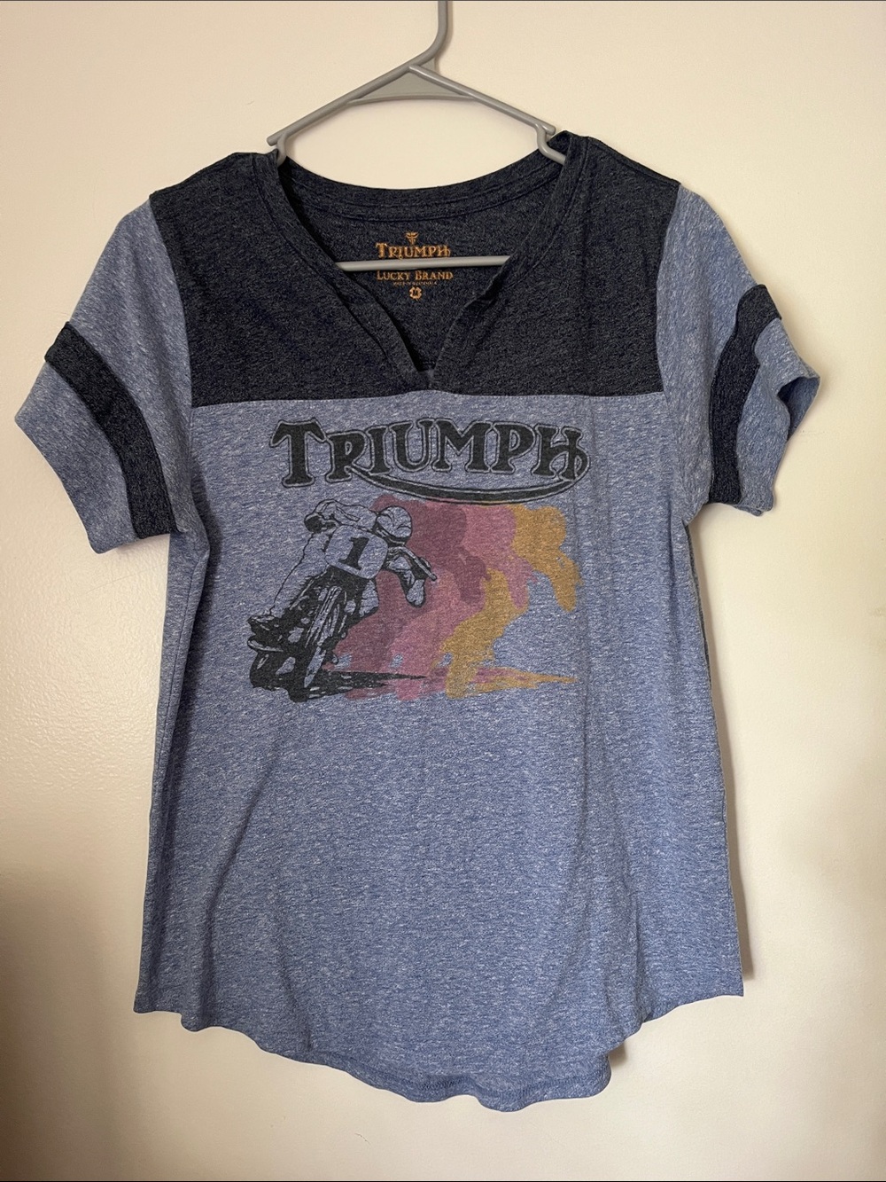 Triumph Motorcycle Two-Tone Heather Blue V-Neck T-Shirt Lucky Brand